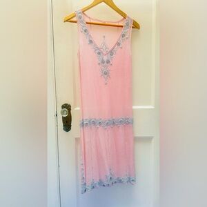 Silk Crepe Vintage-Inspired Sheath Dress. Soft Pink Hand-Beaded. Extraordinary.